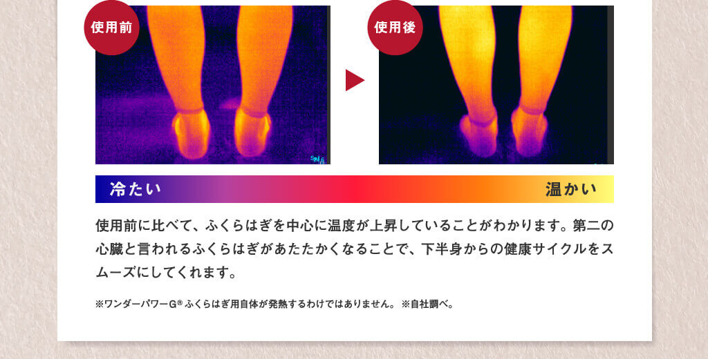 使用前に比べて、ふくらはぎを中心に温度が上昇していることがわかります。