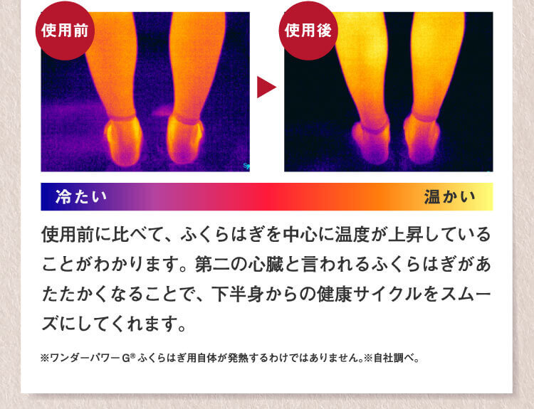 使用前に比べて、ふくらはぎを中心に温度が上昇していることがわかります。