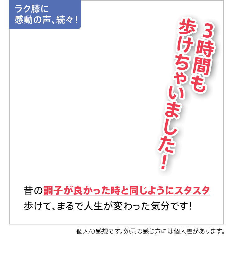 ラク膝に感動の声、続々！3時間も歩けちゃいました！昔の調子が良かった時と同じようにスタスタ歩けて、まるで人生が変わった気分です！